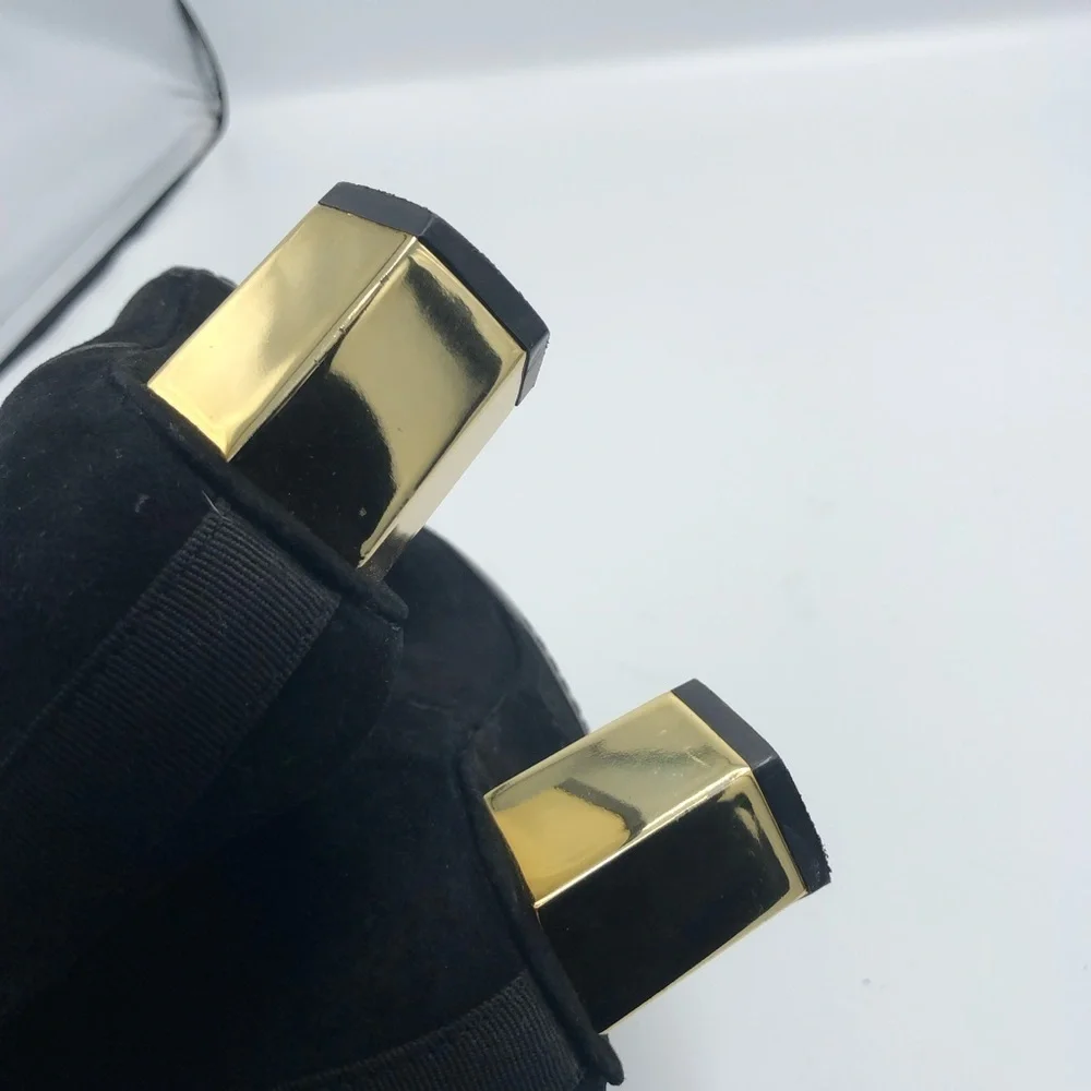 TORY BURCH Regina Suede Ankle Boot Bootie Black Gold Hexagon Heeled Boots 6 Tory